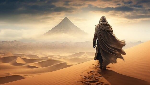 流れるようなローブを着た暗殺者の壮大な冒険が砂ビロのある砂漠の風景を横断します