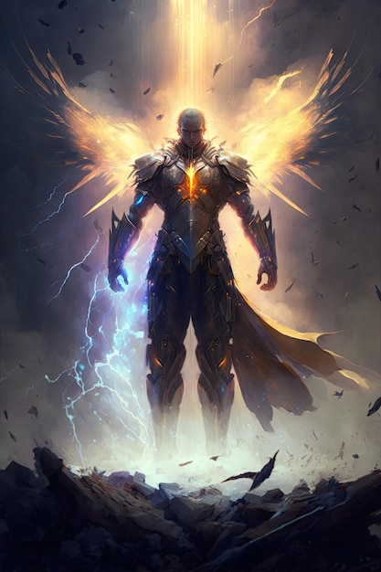 鎧と翼との戦いで壮大な大天使の戦士の騎士パラディン ジェネレーティブ ai