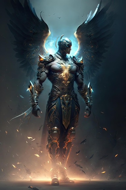 Эпический воин-архангел, рыцарь-паладин в битве с доспехами и крыльями Генеративный ай