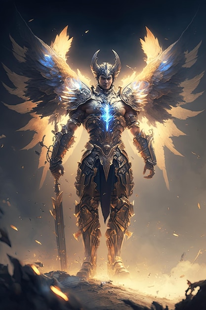 Epic archangel warrior knight paladin in battle with armor and wings Generative ai