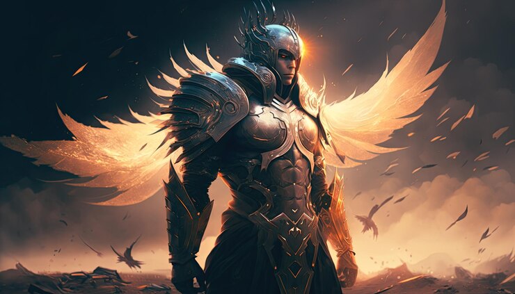 Photo epic archangel warrior knight paladin in heaven with armor and wings angel fantasy generative ai