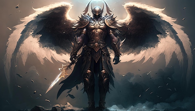 Epic archangel warrior knight paladin in heaven with armor and wings angel fantasy Generative ai