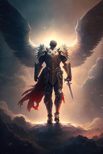 Эпический архангел воин рыцарь паладин на небесах с доспехами и крыльями ангел фэнтези Generative ai