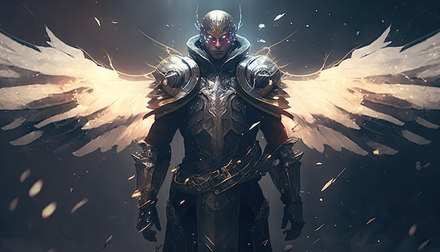 Эпический архангел воин рыцарь паладин на небесах с доспехами и крыльями ангел фэнтези Generative ai