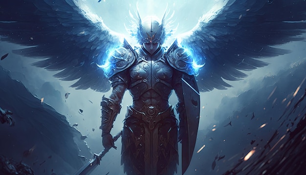 Epic archangel warrior knight paladin in heaven with armor and wings angel fantasy Generative ai