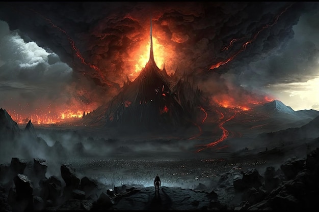 Epic battle between armies of good and evil with mordor as the backdrop