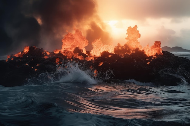 Epic battle between fire and water with volcanic eruption pouring lava into lake or ocean