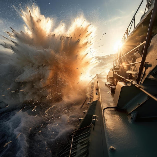 Epic battle of large naval ships on the open sea