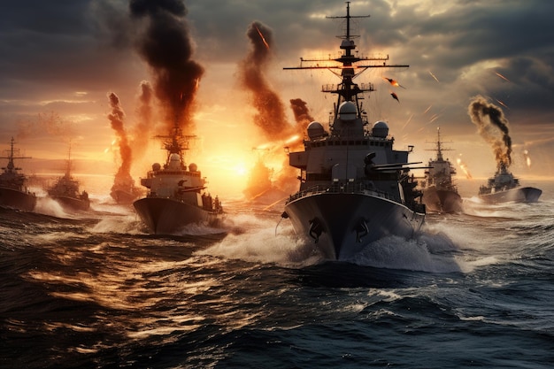 Epic battle of large naval ships on the open sea