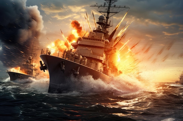 Epic battle of large naval ships on the open sea