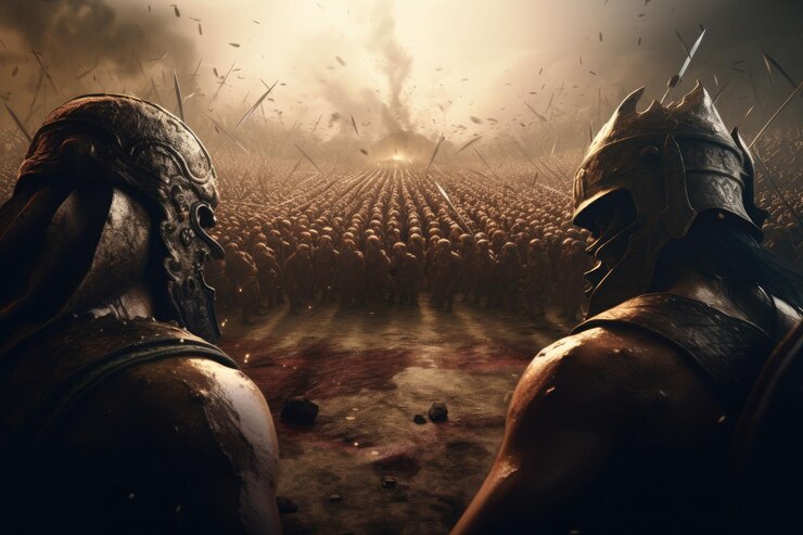 Photo epic battle between two powerful characters a fight between two different nations generative ai