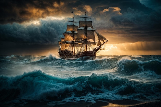 Эпическая красивая картина в стиле рококо, изображающая уровень воды, бурные волны сильного океанского шторма d