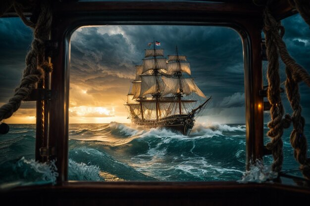 Photo epic beautiful rococo painting of a waterlevel view of turbulent swells of a violent ocean storm d