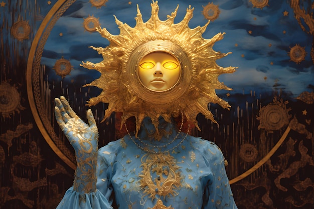 Epic character art masked woman controls the sun and moon with her hands glowing light exquisite