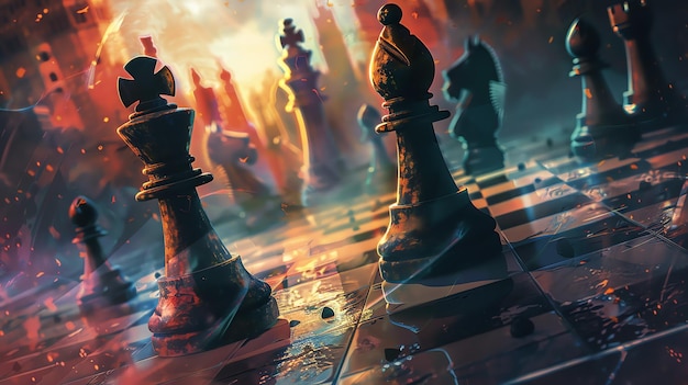 Epic chess battle dark vs light cinematic concept art dramatic lighting highly detailed trending on artstation