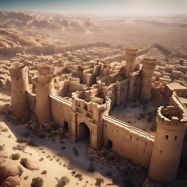 Photo epic cinematic biblical time immense city high walls giant gate like a kings castle desert all