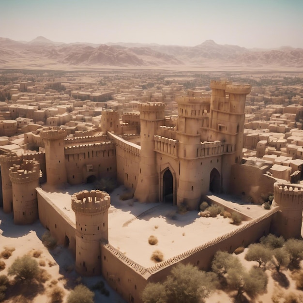 Epic cinematic biblical time immense city high walls giant gate like a kings castle desert all