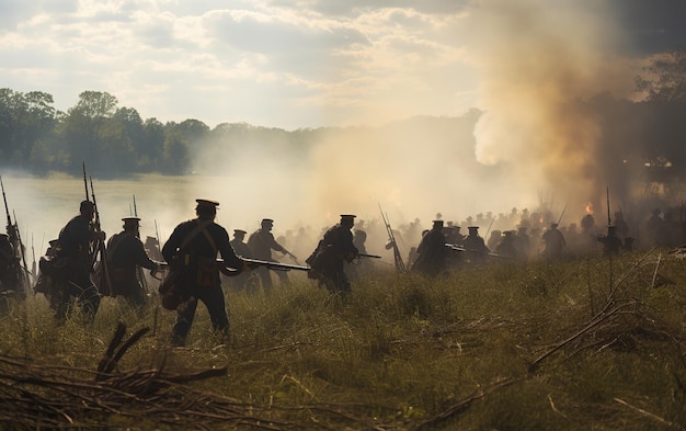 Photo epic confrontation union vs confederate at gettysburg's smoky horizon