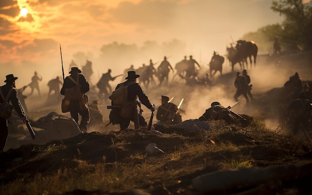 Photo epic confrontation union vs confederate at gettysburg's smoky horizon