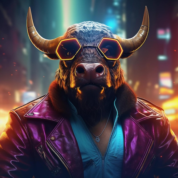 Epic cyberpumk bull neon retro wave style