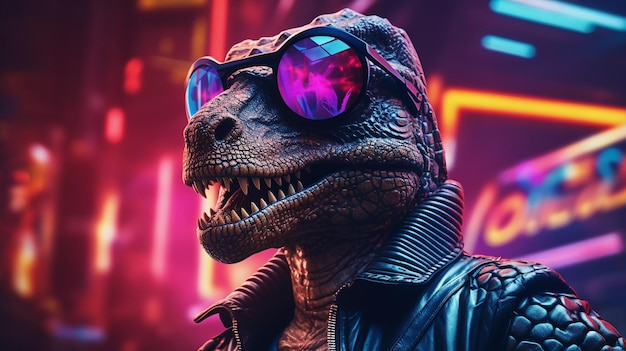 Epic cyberpumk dinosaur neon retro wave style