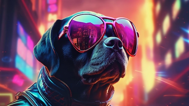 Epic cyberpumk dog neon retro wave style