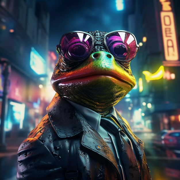 Epic cyberpumk frog neon retro wave style