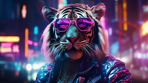 Epic cyberpumk tiger neon retro wave style