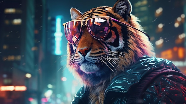 Epic cyberpumk tiger neon retro wave style