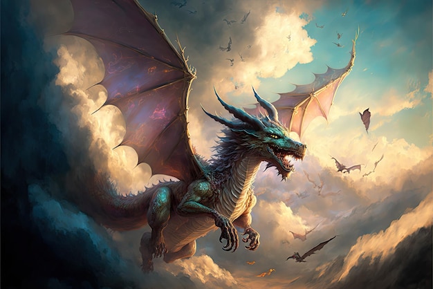 An epic fantasy illustration featuring a dragon flying through clouds beautiful magic mysterious tale Generative AI