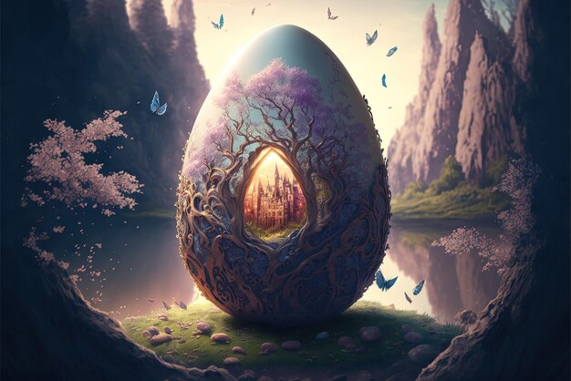 An epic fantasy illustration featuring an easter egg happy easter day generative ai