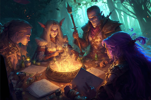 Photo an epic fantasy illustration featuring a party of adventurers beautiful magic mysterious tale generative ai