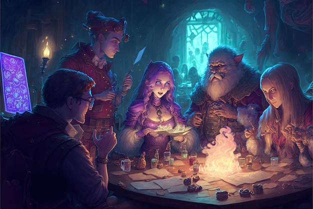 Photo an epic fantasy illustration featuring a party of adventurers beautiful magic mysterious tale generative ai