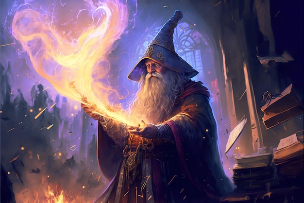 An epic fantasy illustration featuring a powerful wizard casting a spell beautiful magic mysterious tale Generative AI