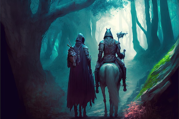 Photo an epic fantasy illustration featuring two knights on a quest beautiful magic mysterious tale generative ai