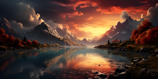 Epic fantasy scene with water and surrounding mountains during sunrise in the evening sky