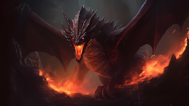 Epic fire dragon inside a cave