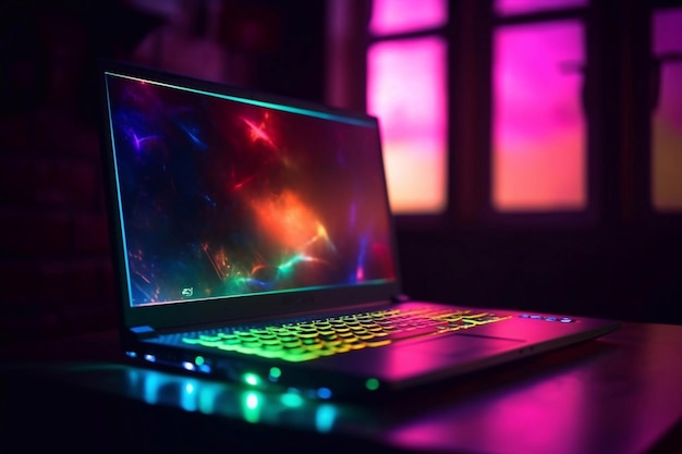 Epic gaming laptop on table with customized rgb lights in background generative ai