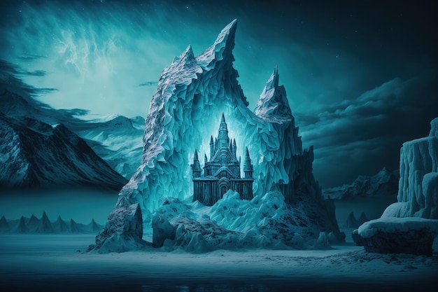 Epic glacial ice castle on a snowfield at night