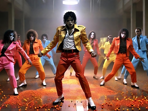 Photo epic hyperrealistic michael jackson thriller dance video with colorful dancers halloween vibes