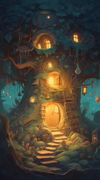 An epic illustration looking trough a tree hole into the inside of a Squirrel's home the inside is decorated for Christmas generat ai