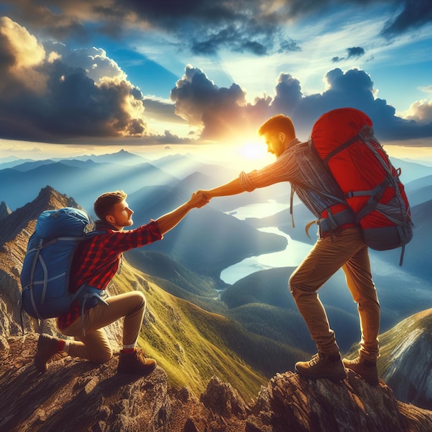 epic image with hikers helping each other reach the mountain top