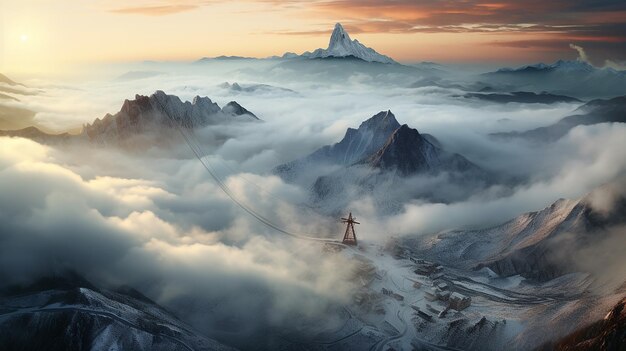 Photo epic landscape far mountain clouds sea and windmill