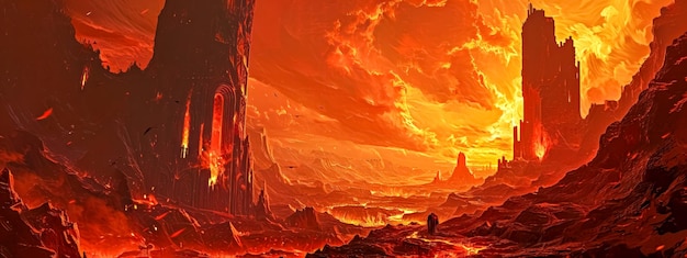 Epic landscape of a fiery hellscape with molten lava and towering infernal structures under a