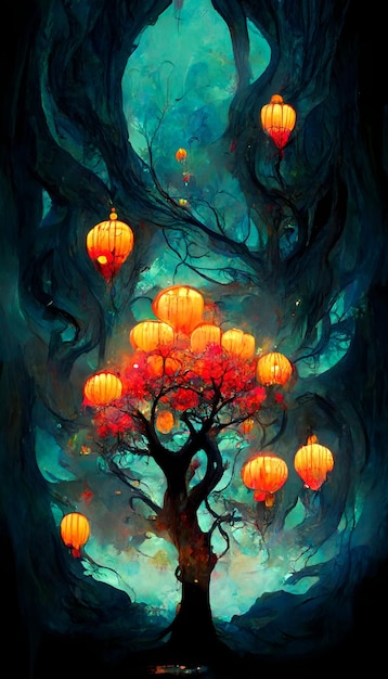 Epic large tree Chinese lanterns floating festival