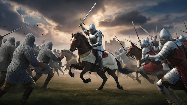 Epic medieval battle with warriors men fighting on battlefield scene background digital illustratio