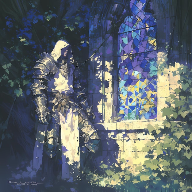 Photo epic medieval knight in armor standing before window with stained glass