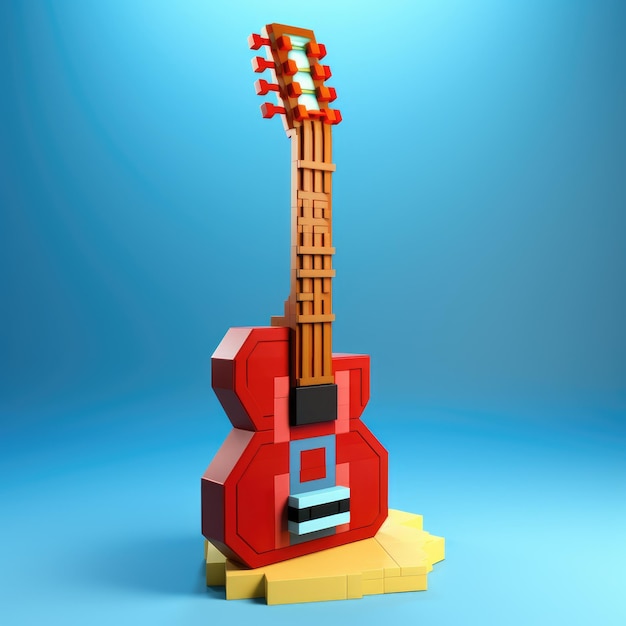 Эпическая статуя Minecraft разрушает красно-золотую электрическую гитару на спокойном синем фоне