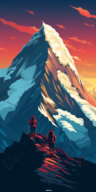 에픽 산악 하이킹 포스터 생동감 넘치는 색상 평평한 디자인 4k 일러스트레이션
