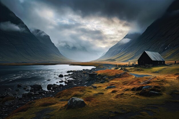 Photo epic mountains landscape with a single house in the wild by the lake